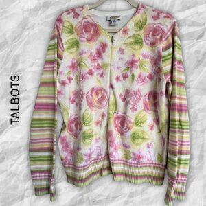 {Talbots} Cotton Zipped Floral Cardigan
